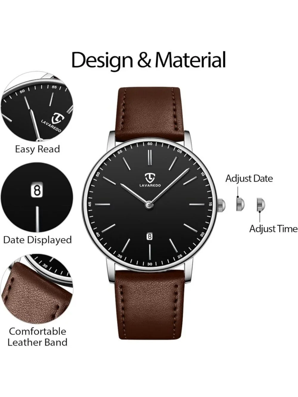 Men Brown Black Leather Strap Analog Minimalist Fashion Simple Round Wrist Watch